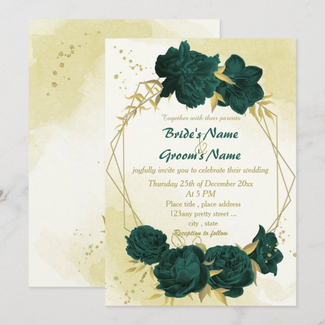 Emerald green flowers gold leaves wedding invitation (Front/Back)