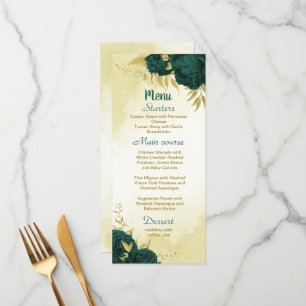 Emerald green flowers gold leaves wedding menu