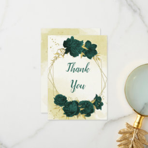 Emerald green flowers gold leaves wedding thank you card