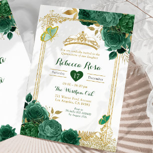 Emerald Green Flowers Gold Royal Quinceañera Invitation