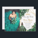 Emerald Green Flowers Princess Quinceañera Photo Save The Date<br><div class="desc">Personalize this pretty emerald green floral Quinceañera / Sweet 16 birthday photo save the date easily and quickly. Simply click the customize it further button to edit the texts, change fonts and fonts colors. Featuring a girl dressed in a beautiful emerald green dress, chic emerald green flowers and butterflies. Matching...</div>
