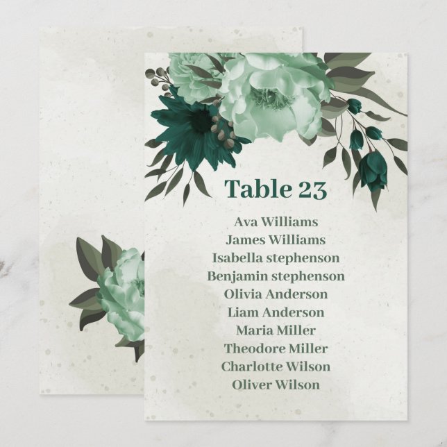 emerald green flowers seating chart card (Front/Back)