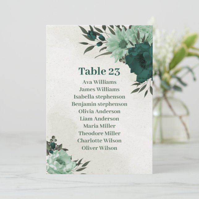 emerald green flowers seating chart card (Standing Front)