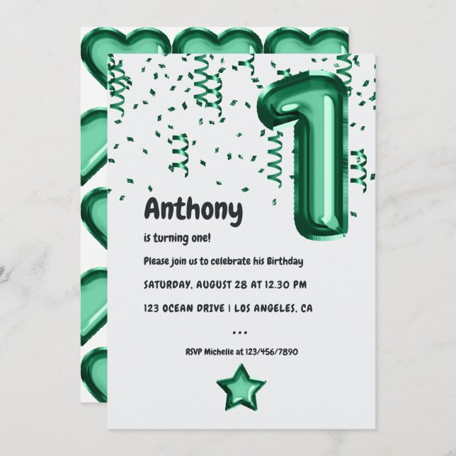 Emerald Green Foil Balloon 1st Birthday Invitation (Front/Back)