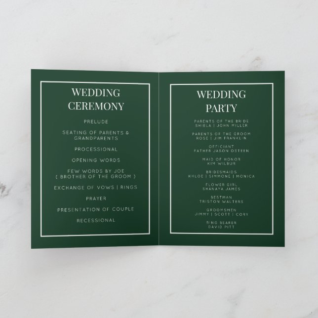 Emerald green foldable wedding program card (Inside)