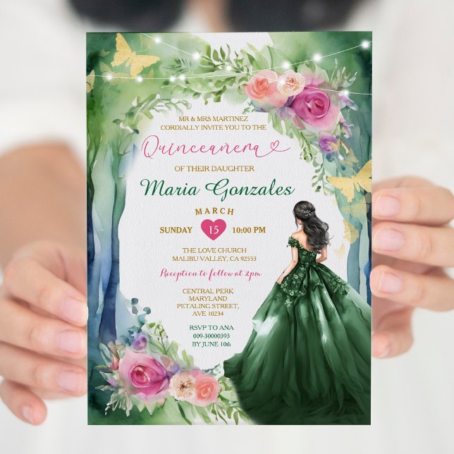 Emerald Green Forest Dress Pink Floral Quinceañera Invitation (Creator Uploaded)