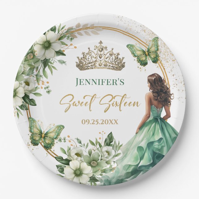 Emerald Green Girl Princess Tiara Floral Sweet 16 Paper Plate (Front)