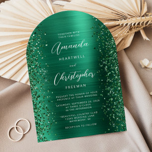 Emerald Green Glam Brushed Metal Arch Wedding Invitation