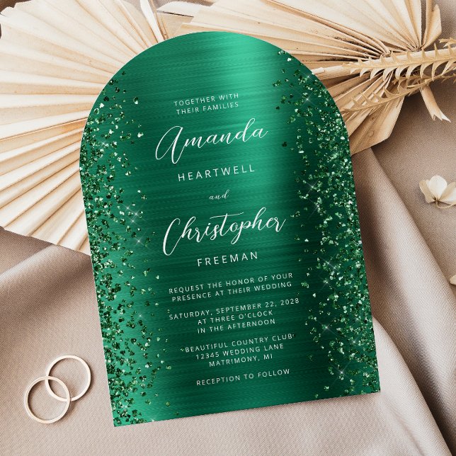 Emerald Green Glam Brushed Metal Arch Wedding Invitation (Creator Uploaded)