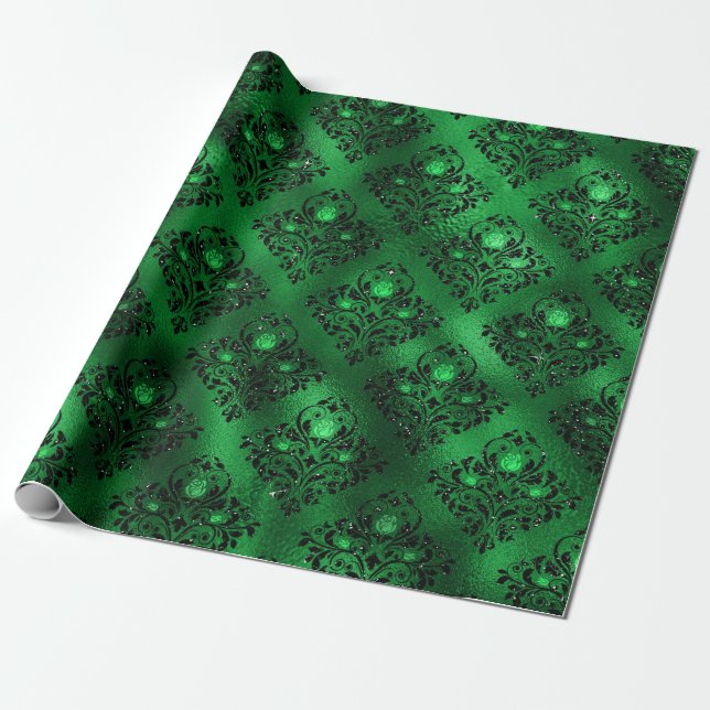 Emerald Green Glam Damask Rose Pattern Wrapping Paper (Unrolled)