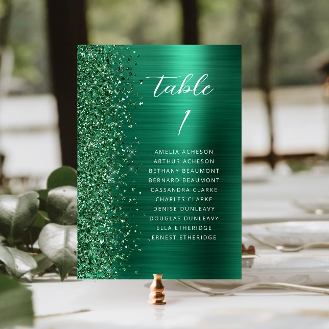 Emerald Green Glam Glitter Metallic Script Wedding Table Number (Creator Uploaded)