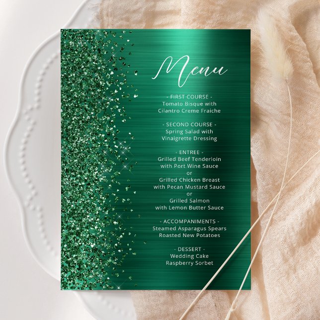 Emerald Green Glam Glitter Script Wedding Menu (Creator Uploaded)