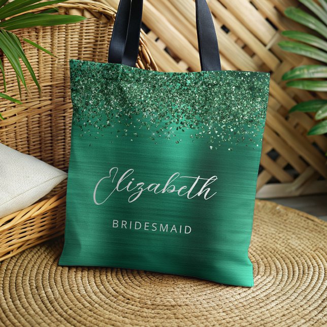 Emerald Green Glam Metallic Script Bridesmaid Tote Bag (Creator Uploaded)