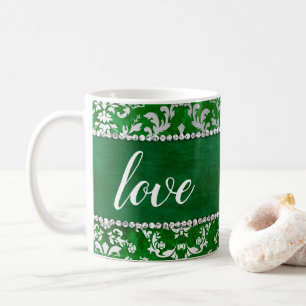 Emerald Green Glimmer Damask Silver Love Mug Cup