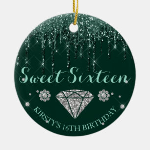 Emerald Green Glitter Drip Diamond Sweet Sixteen Ceramic Ornament