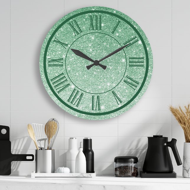 Emerald Green Glitter Roman Numeral Sparkle Girly Large Clock (Creator Uploaded)