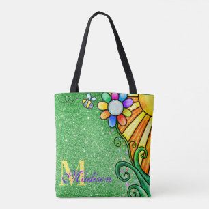Emerald Green Glitter Whimsy Flower Sunshine Bee  Tote Bag
