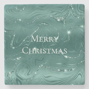 Emerald Green Glitzy Marble Christmas Stone Coaster