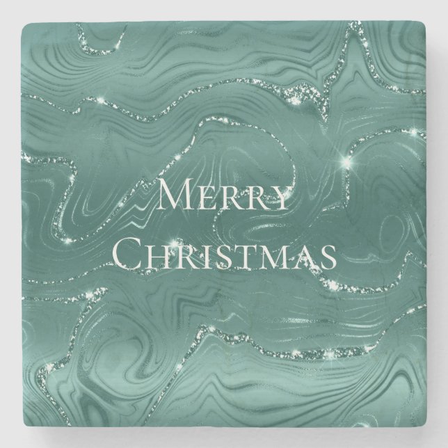 Emerald Green Glitzy Marble Christmas Stone Coaster (Front)