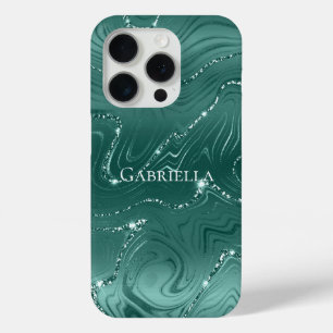 Emerald Green Glitzy Marble Personalised iPhone 15 Pro Case
