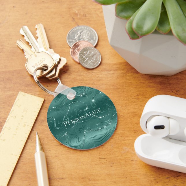 Emerald Green Glitzy Marble Personalised Key Ring (Desk)