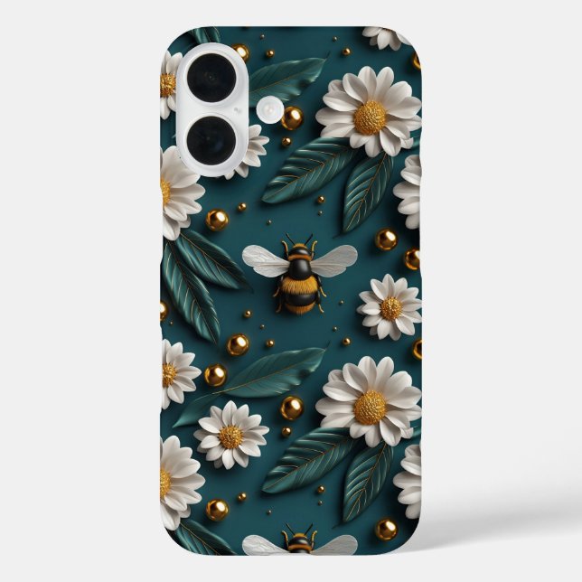 Emerald Green Gold 3D Bees Daisy Flowers Bumble Case-Mate iPhone Case (Back)