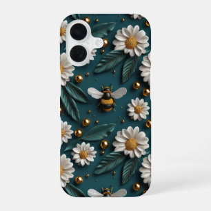 Emerald Green Gold 3D Bees Daisy Flowers Bumble iPhone 16 Case