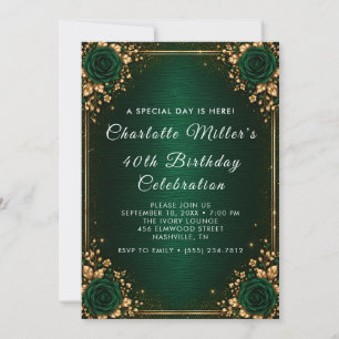 Emerald Green Gold 40th Birthday Invitation