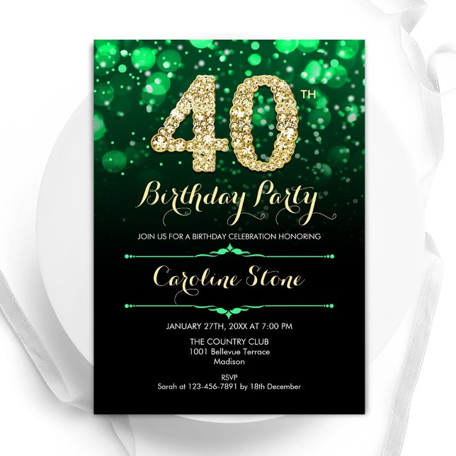 Emerald Green Gold 40th Birthday Invitation (Creator Uploaded)