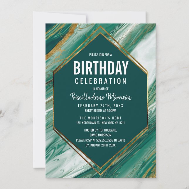 Emerald Green Gold Abstract Agate Marble Birthday Invitation (Front)