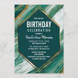 Emerald Green Gold Abstract Agate Marble Birthday Invitation