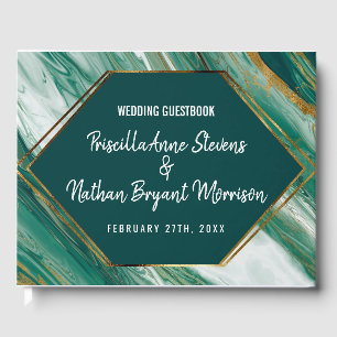 Emerald Green Gold Abstract Agate Marble Wedding Guest Book