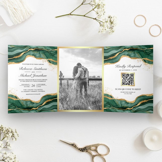 Emerald Green Gold Abstract Ink QR Code Wedding Tri-Fold Invitation (Creator Uploaded)