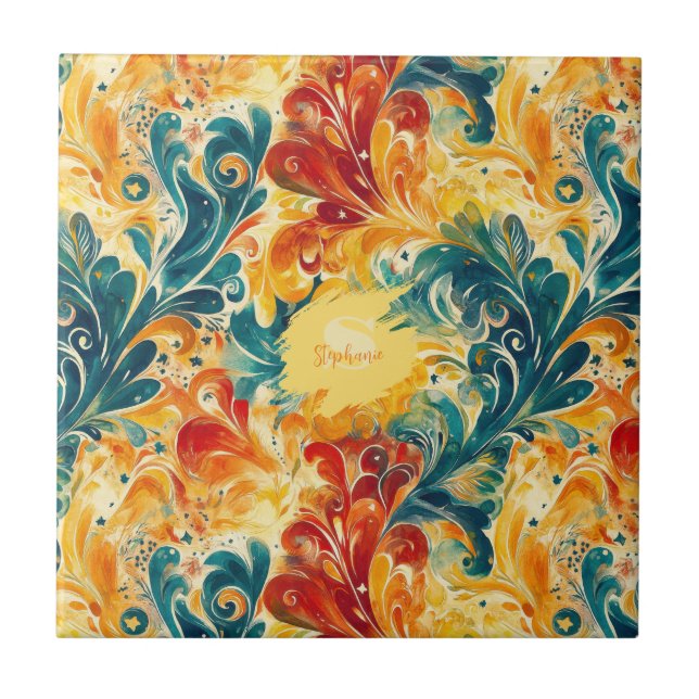 Emerald Green & Gold Abstract Paisley Leaves (3) Ceramic Tile (Front)