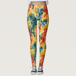 Emerald Green & Gold Abstract Paisley Leaves (3) Leggings