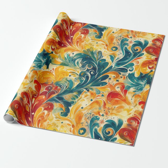 Emerald Green & Gold Abstract Paisley Leaves (3) Wrapping Paper (Unrolled)