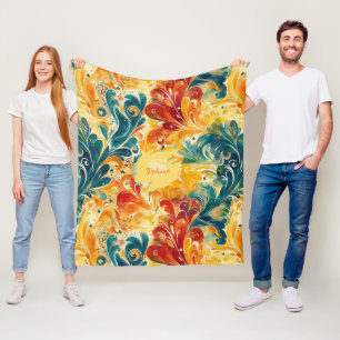 Emerald Green & Gold Abstract Paisley Leaves Fleece Blanket