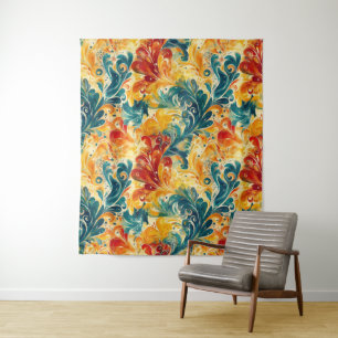 Emerald Green & Gold Abstract Paisley Leaves Tapestry