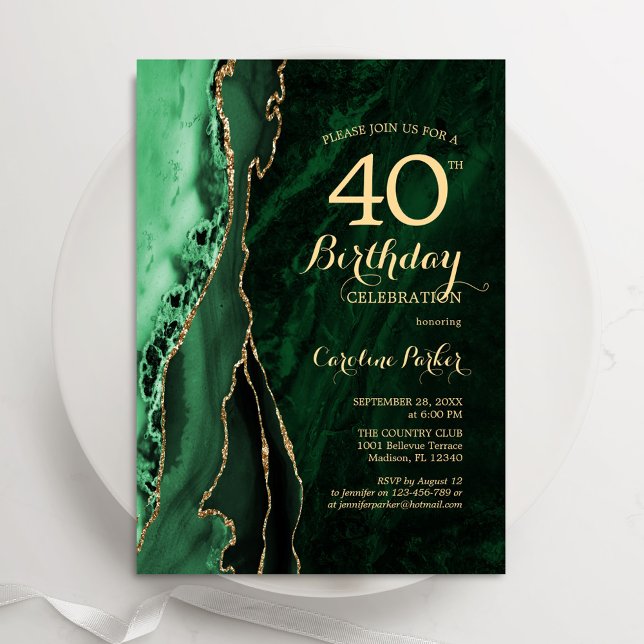 Emerald Green Gold Agate 40th Birthday Invitation (Creator Uploaded)
