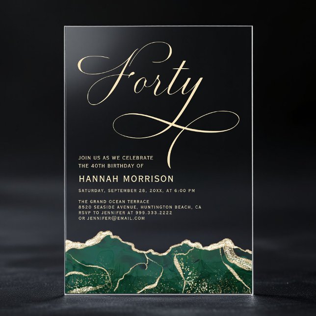 Emerald Green Gold Agate 40th Forty Birthday Acrylic Invitations (Creator Uploaded)