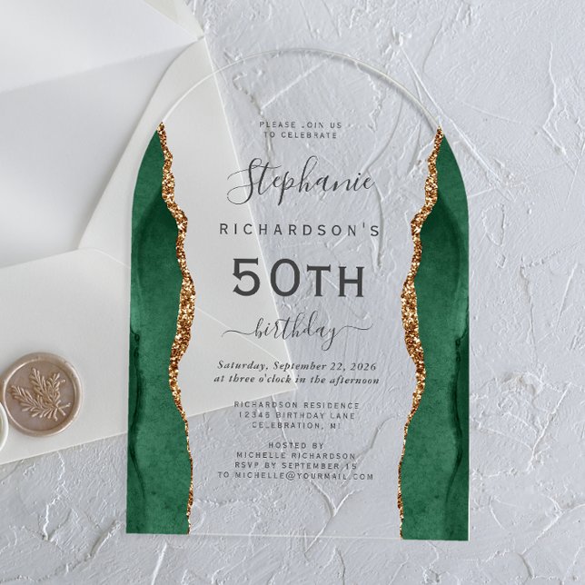 Emerald Green Gold Agate 50th Birthday Arch Acrylic Invitations (Creator Uploaded)