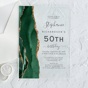 Emerald Green Gold Agate 50th Birthday Party Acrylic Invitations