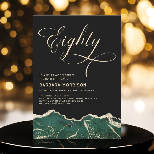 Emerald Green Gold Agate 80th Eighty Birthday Invitation (Creator Uploaded)