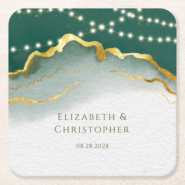 Emerald Green Gold Agate and Lights Wedding Square Paper Coaster (Front)