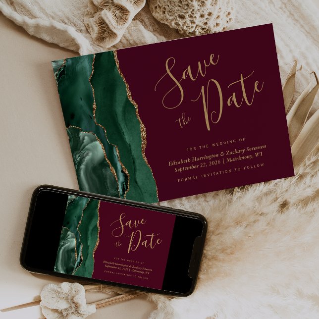 Emerald Green Gold Agate Burgundy Save the Date Invitation (Creator Uploaded)