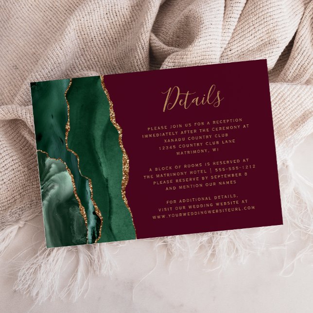 Emerald Green Gold Agate Burgundy Wedding Details Enclosure Card (Creator Uploaded)