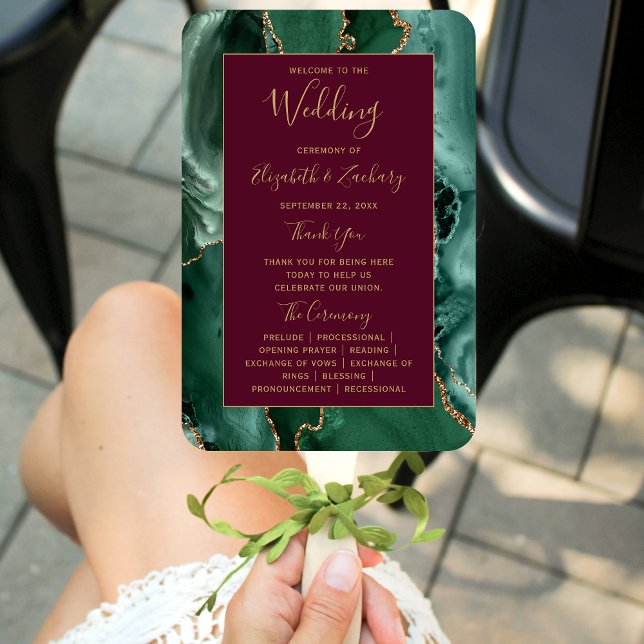 Emerald Green Gold Agate Burgundy Wedding Program Hand Fan (Creator Uploaded)