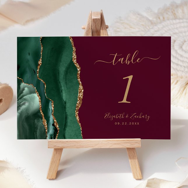 Emerald Green Gold Agate Burgundy Wedding Table Number (Creator Uploaded)
