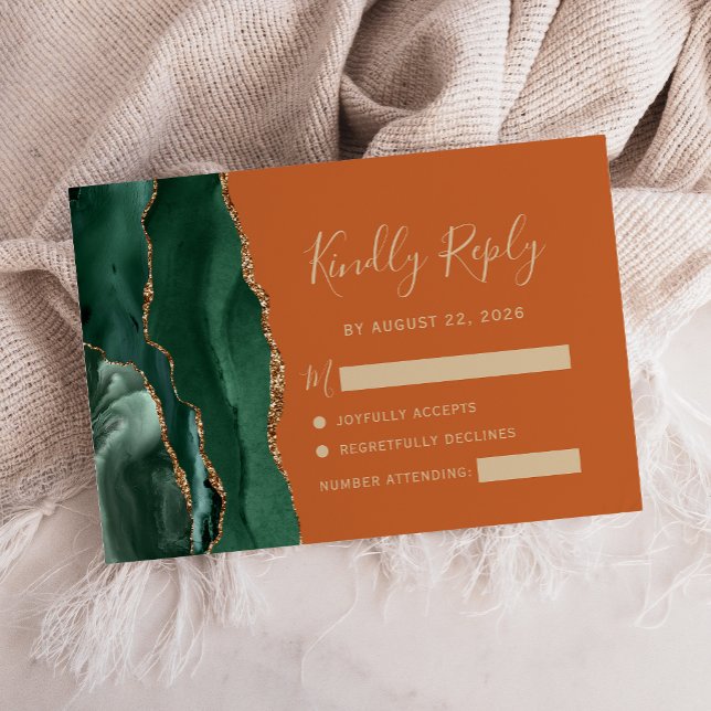 Emerald Green Gold Agate Burnt  Orange Wedding RSVP Card (Creator Uploaded)