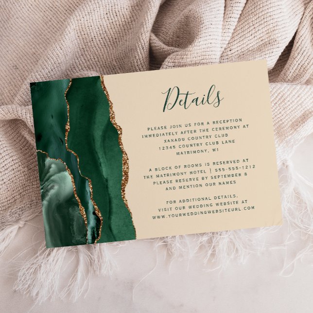 Emerald Green Gold Agate Champagne Wedding Details Enclosure Card (Creator Uploaded)